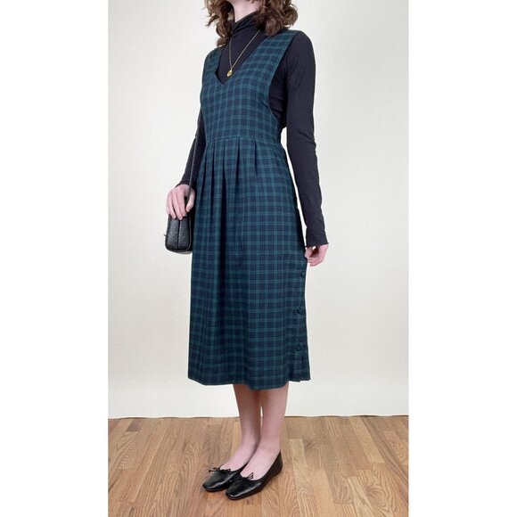 Vintage Plaid Pinafore Midi Dress Fall Winter Preppy Cottage Cabincore 80s 90s - Picture 7 of 10